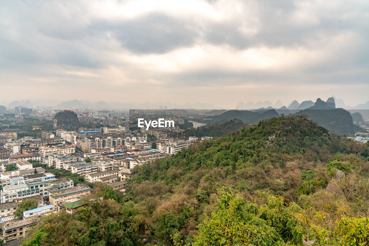 High angle view of townscape against sky