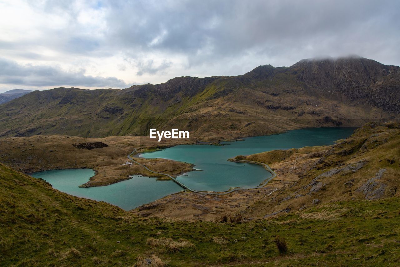 Scenic view of blue/green tarn and mountains against sky