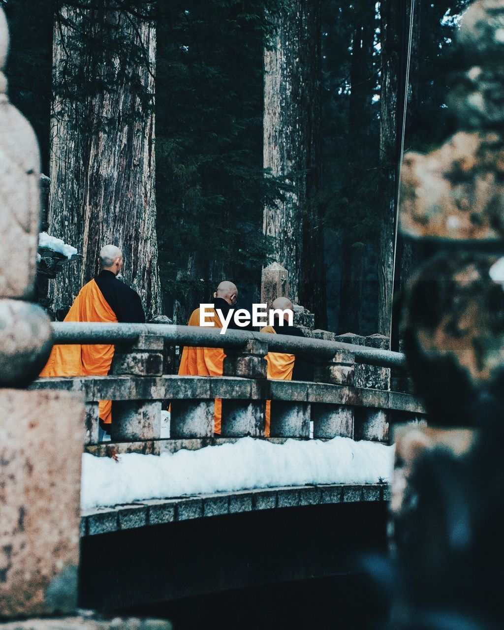 Rear view of monks walking on bridge