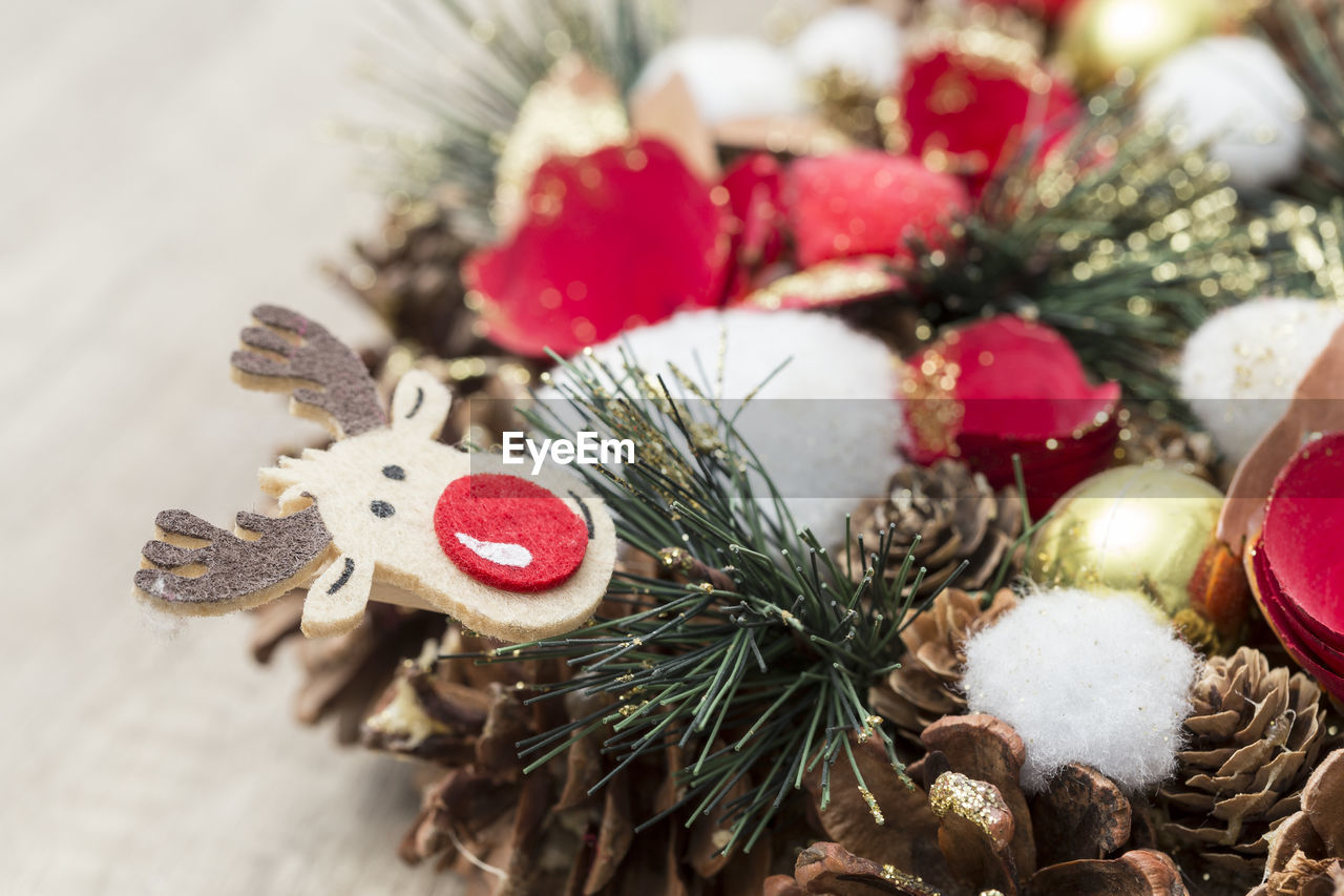 Close-up of christmas ornaments on table