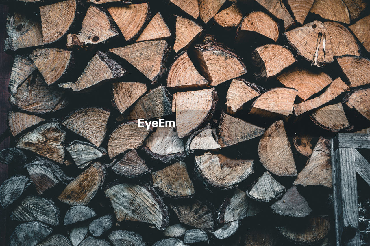 Full frame shot of wooden logs in forest