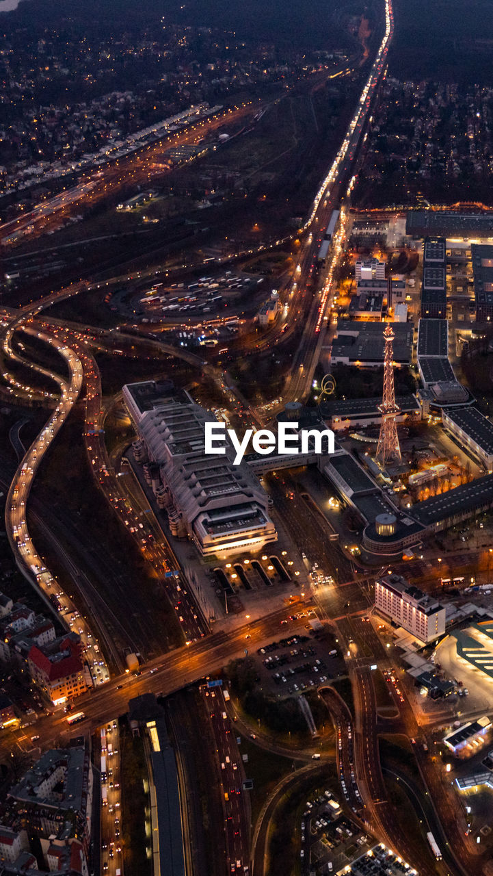 high angle view of illuminated cityscape