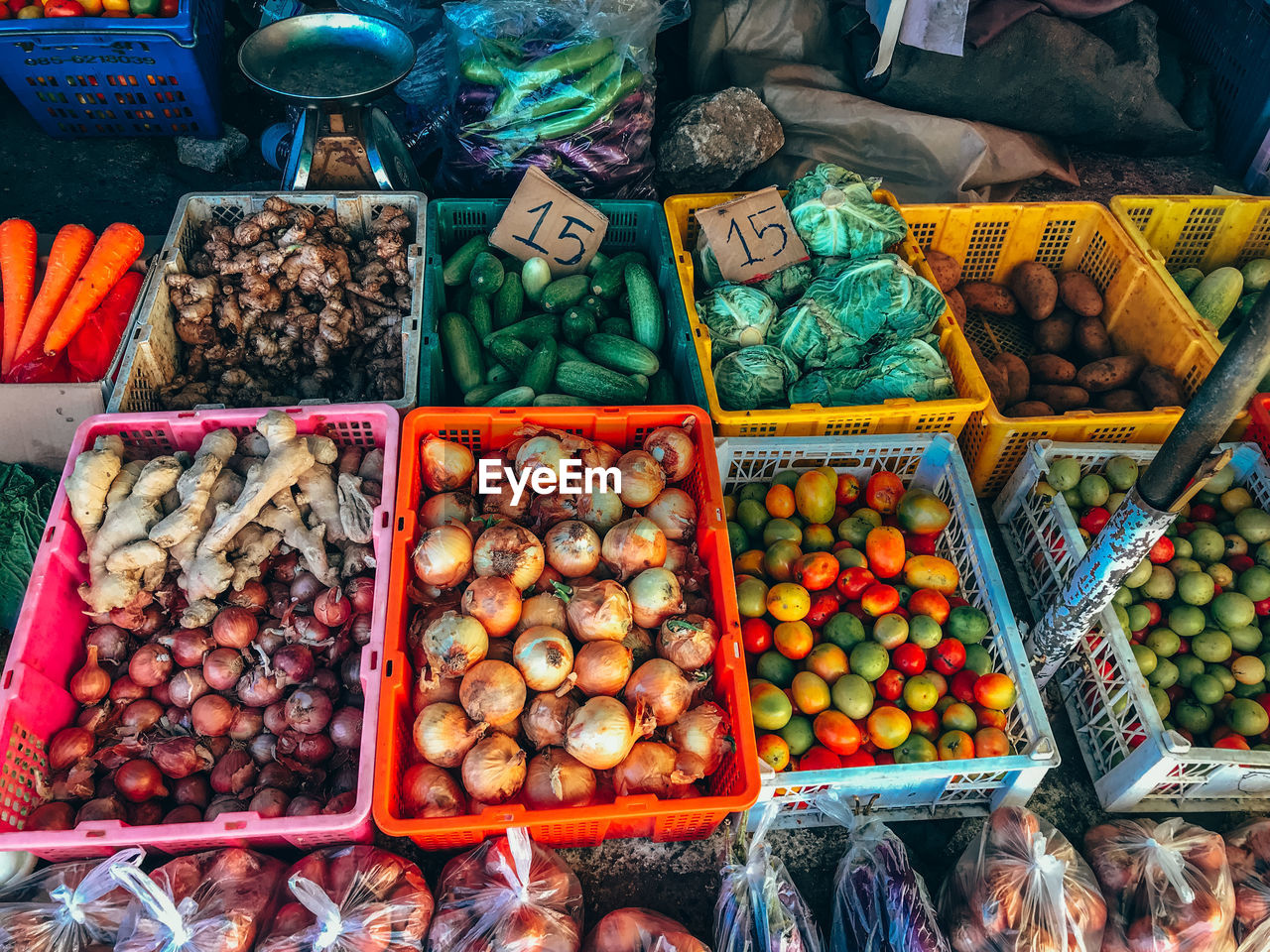 High angle view of fruits for sale at market stall