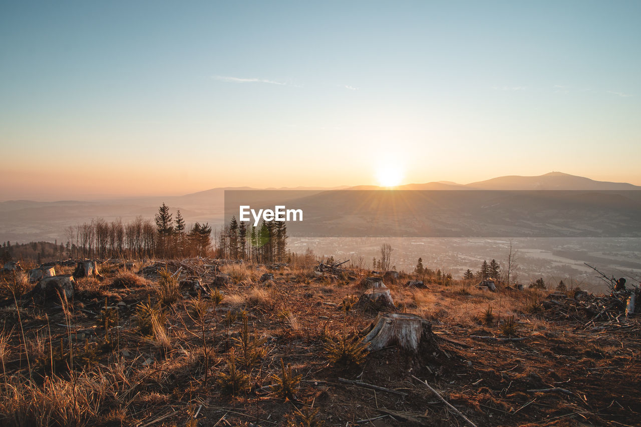 Fairy tale sunrise in beskydy mountains near frydlant of ostravice.