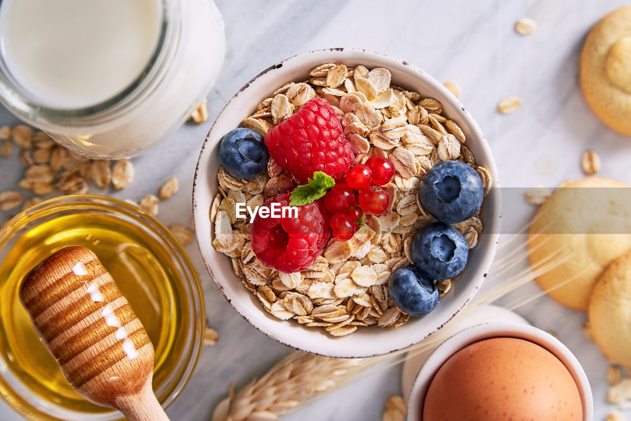 HIGH ANGLE VIEW OF BREAKFAST SERVED IN PLATE