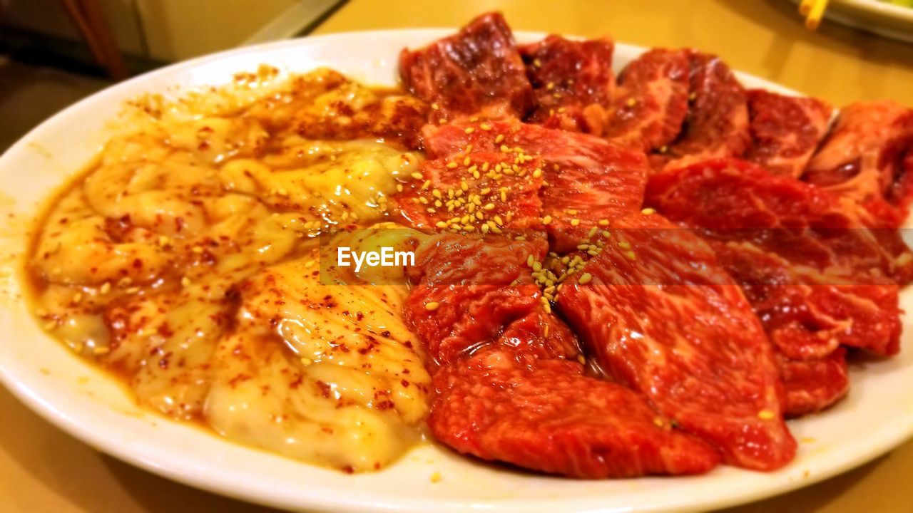 CLOSE-UP OF MEAT WITH RICE AND VEGETABLES IN PLATE