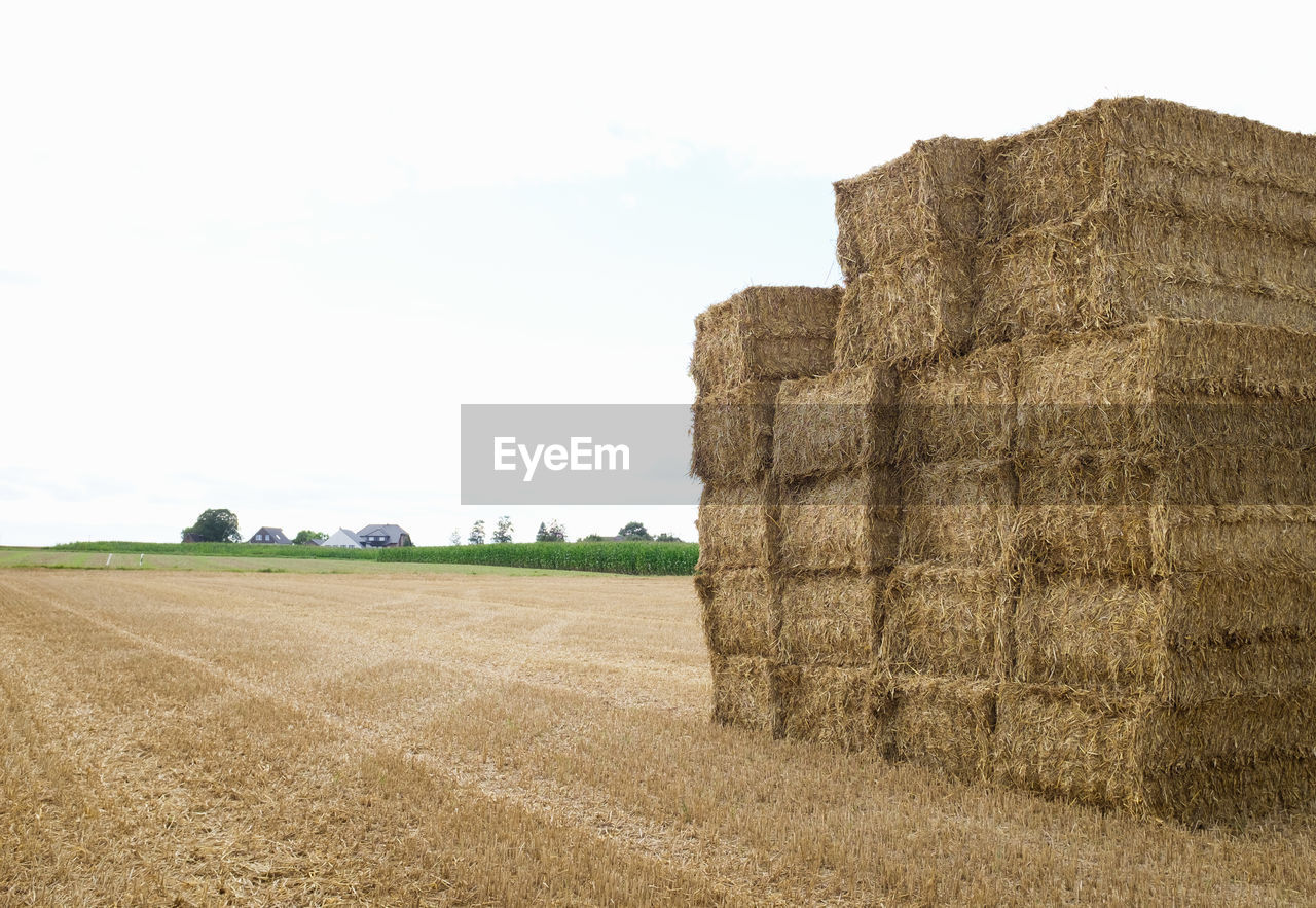 Hay bales on field against sky