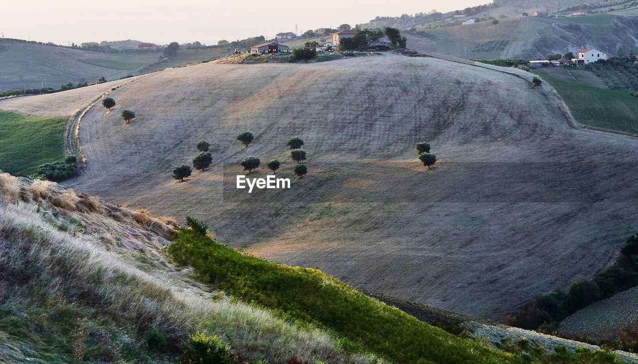 High angle view of land against sky