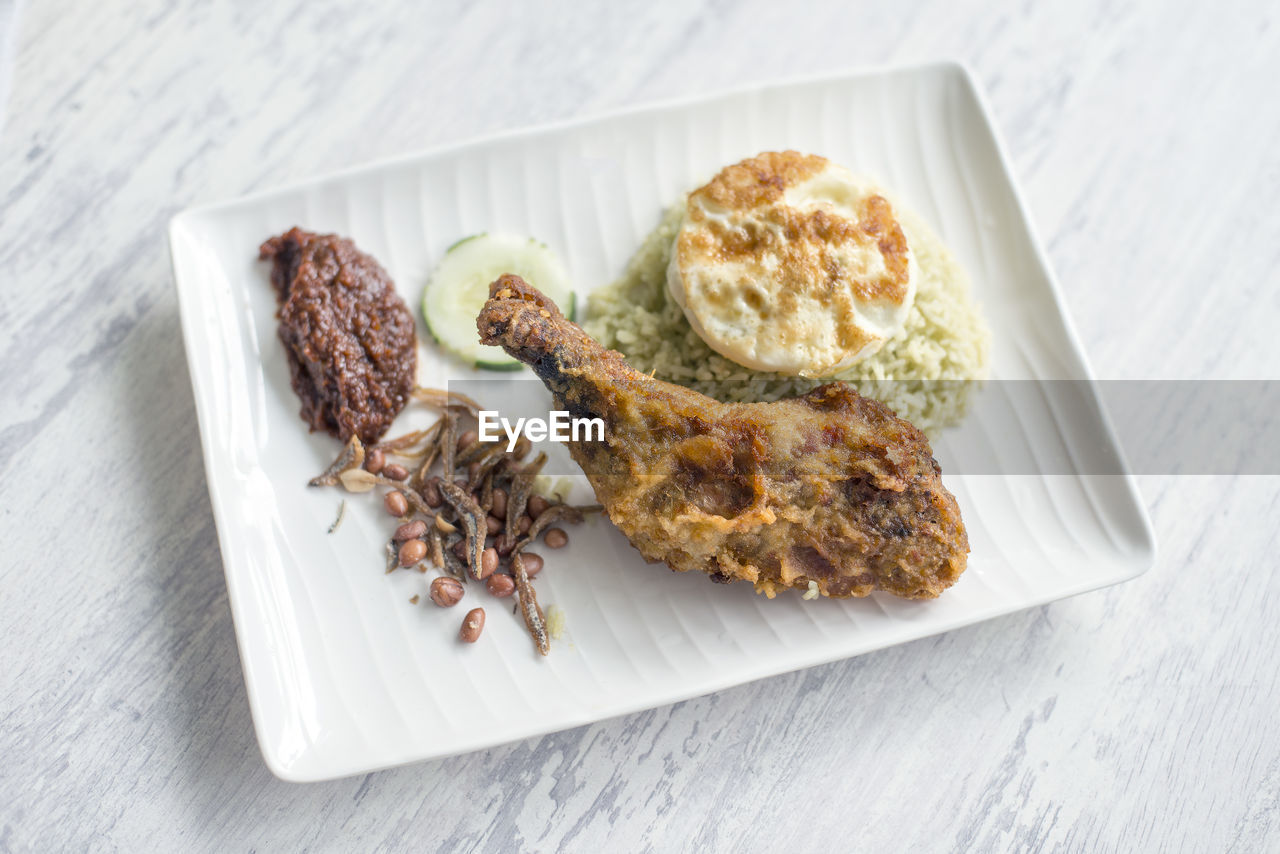 High angle view of food in plate on table