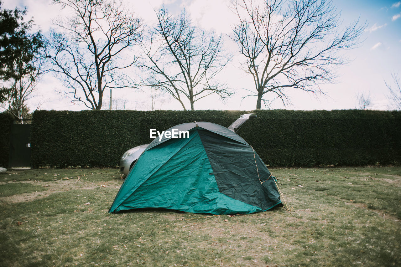 Tent on field against bare trees