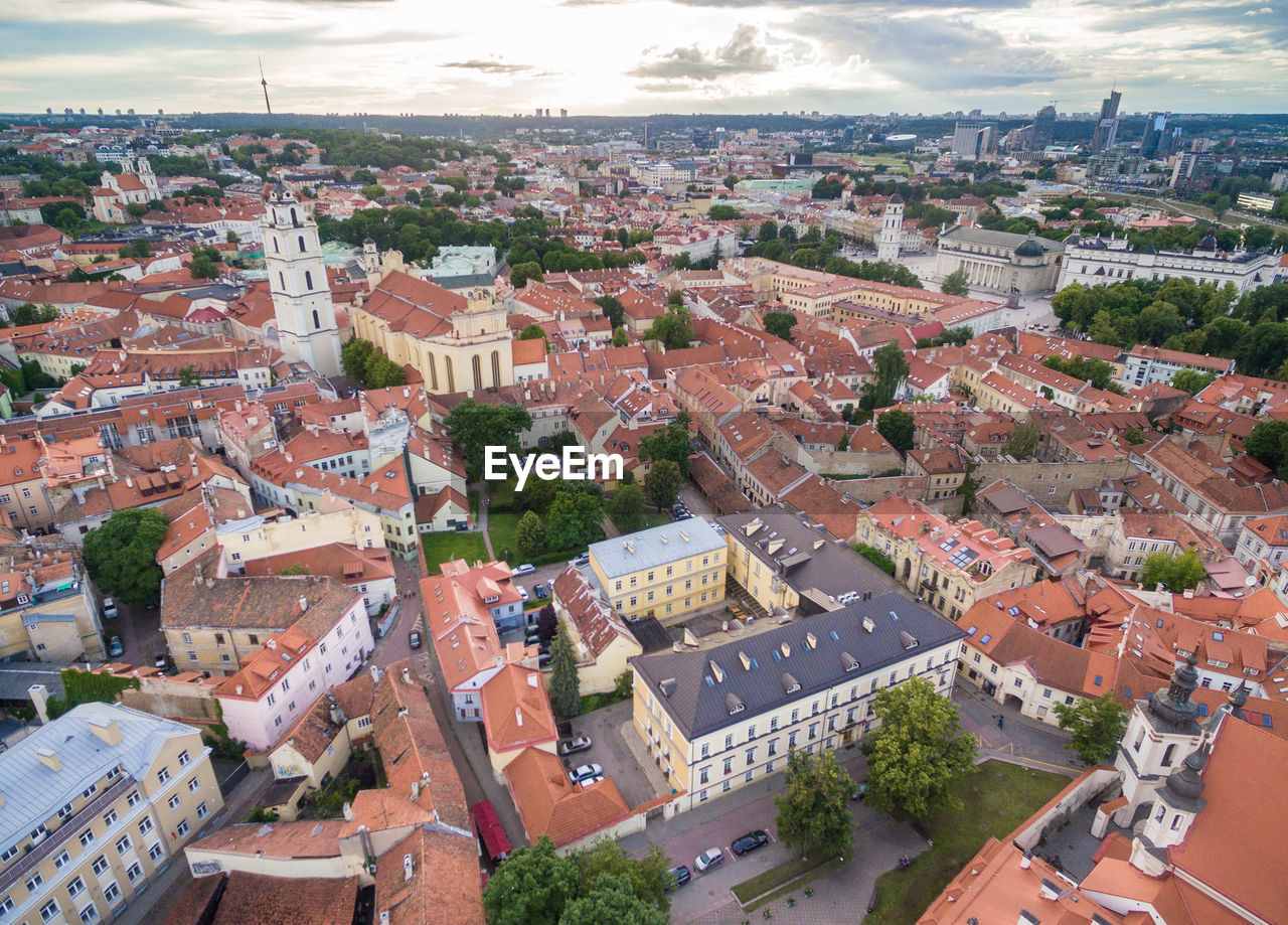 Vilnius old town with many old streets and cathedral square and bell tower in background. lithuania