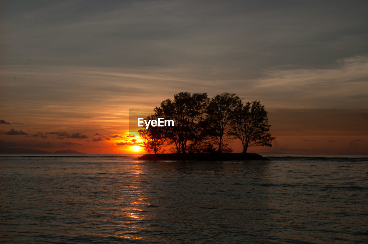 Beautiful tropical sunset over the sea horizon with black silhouette of trees on a little island.