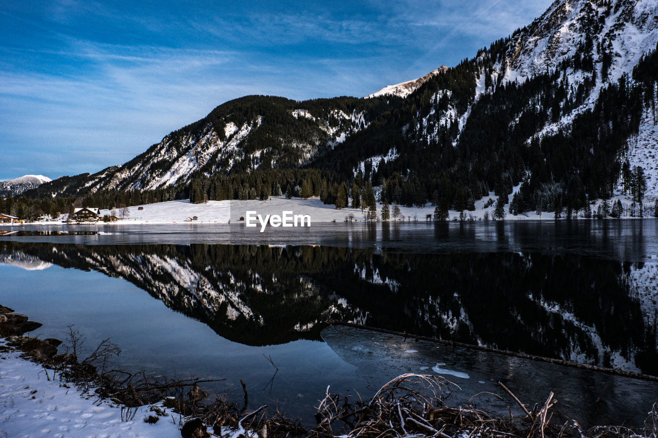 Beautiful lake in austria in winter with great  reflexion