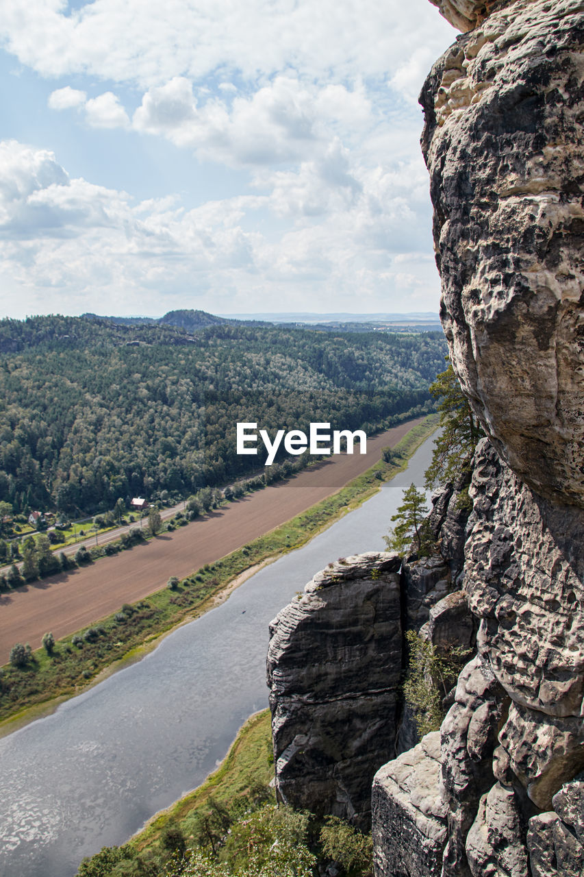 View from the bastei bridge into the elbe valley in the elbe sandstone mountains in germany