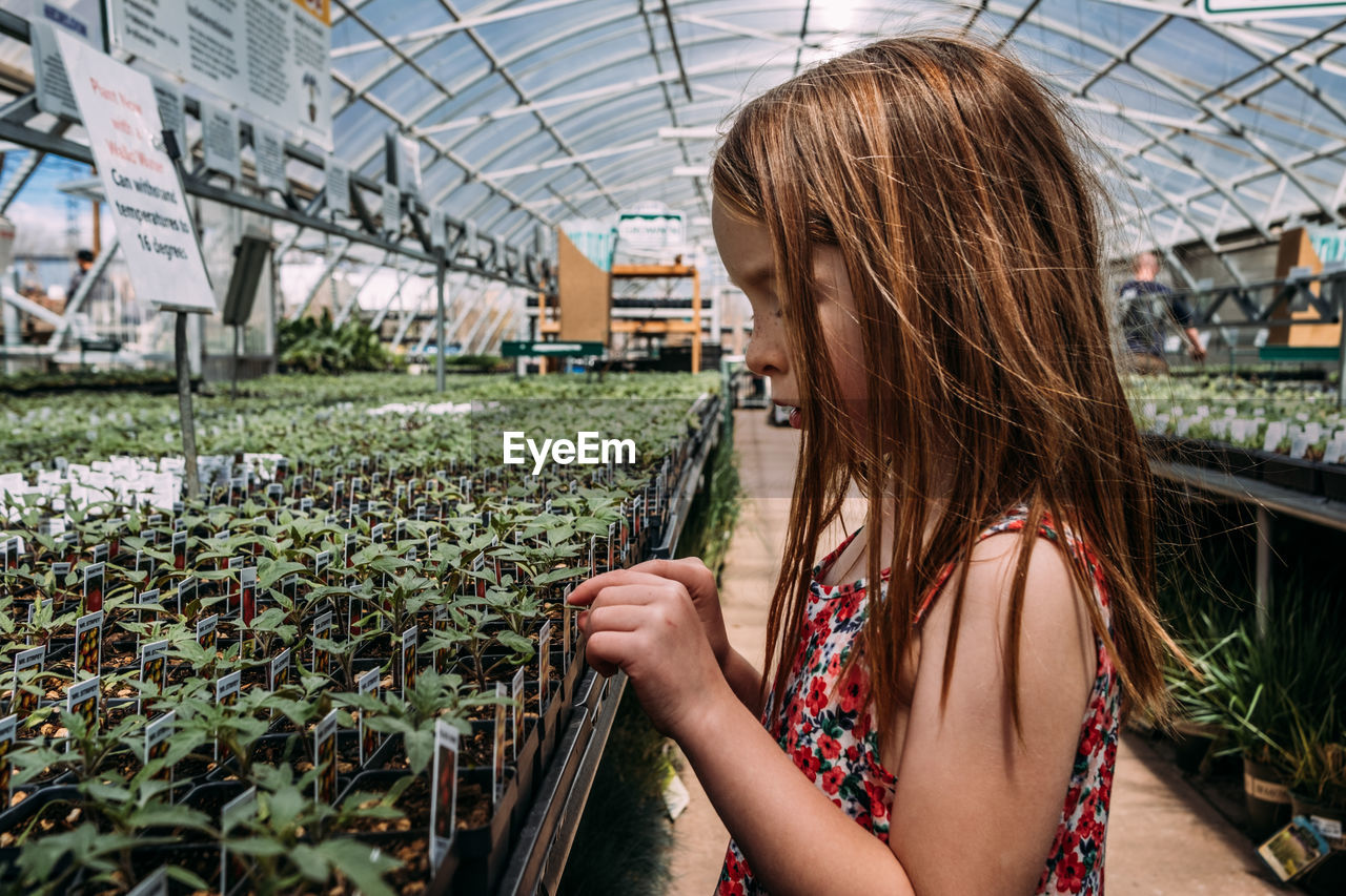 Close up of young girl at a green house looking at plants