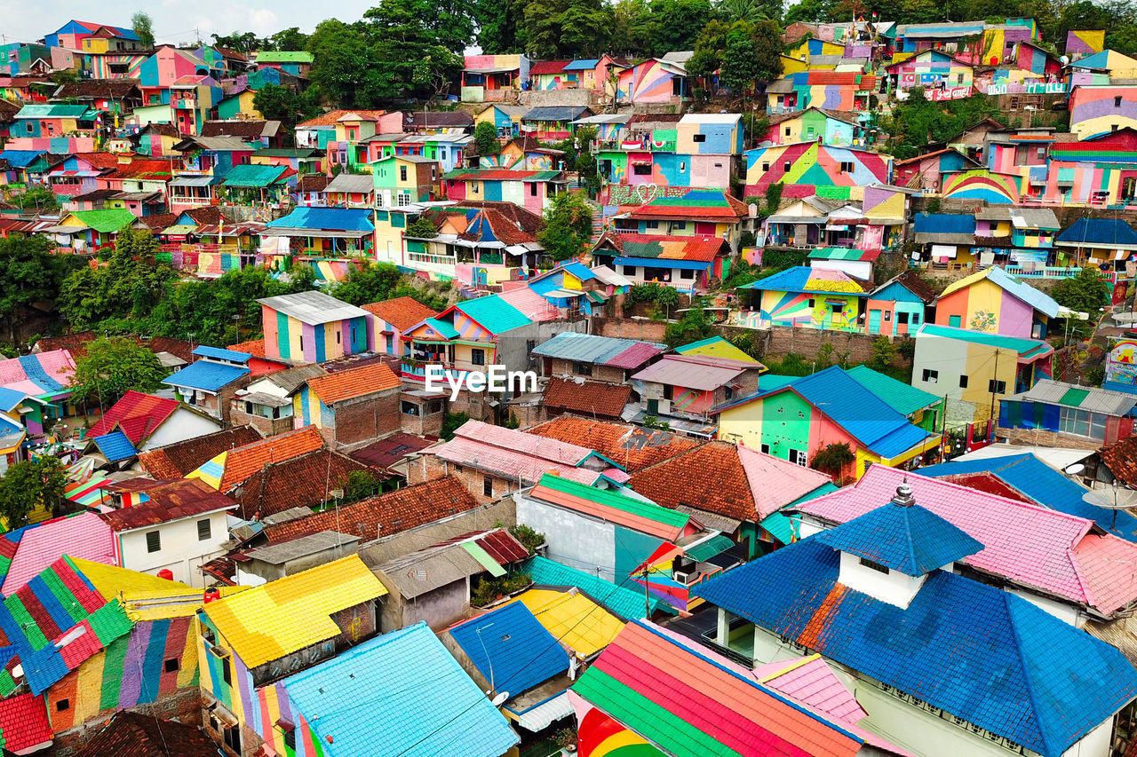 High angle view of colorful houses in town 