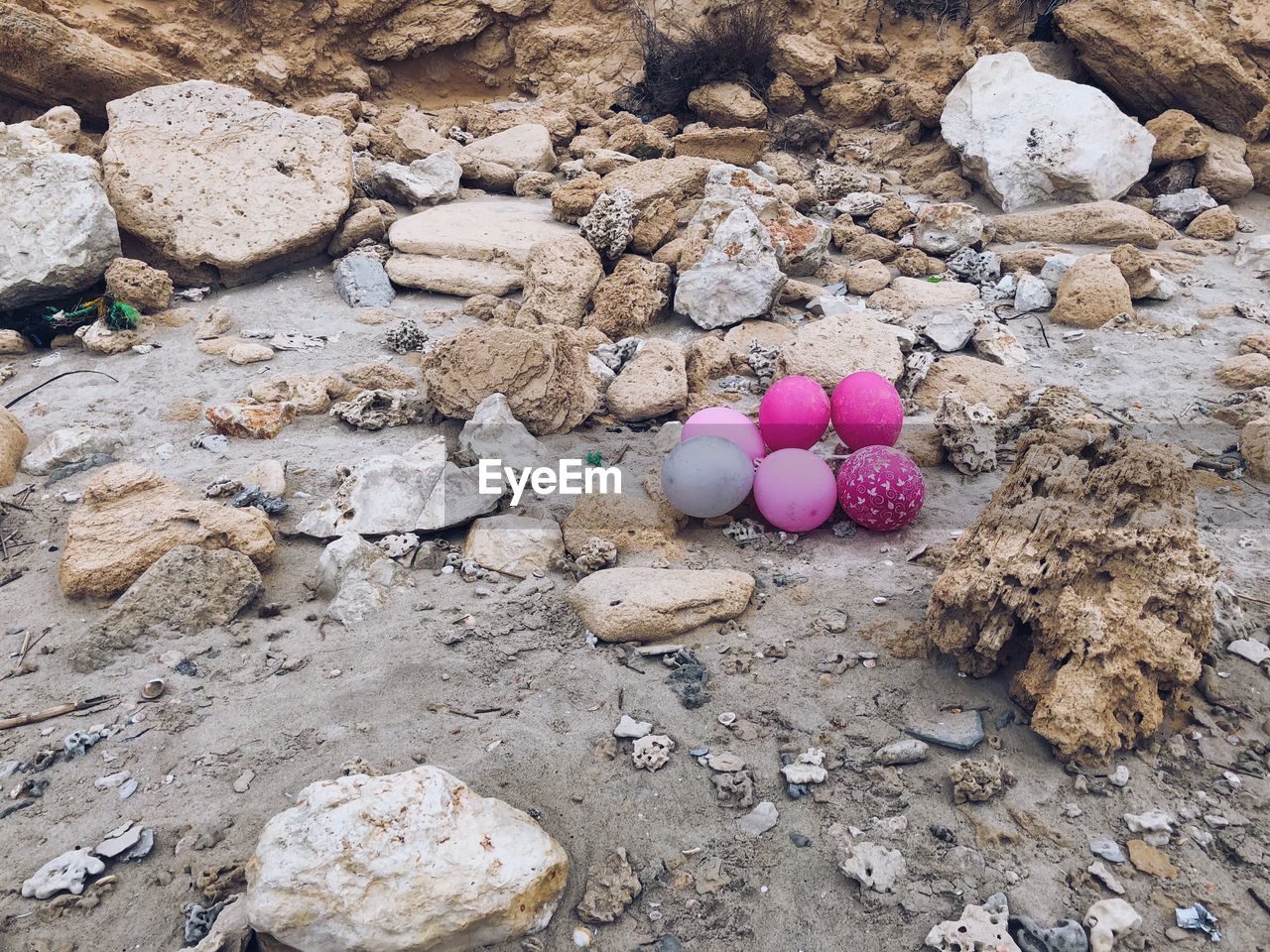 High angle view of balloons on rocks