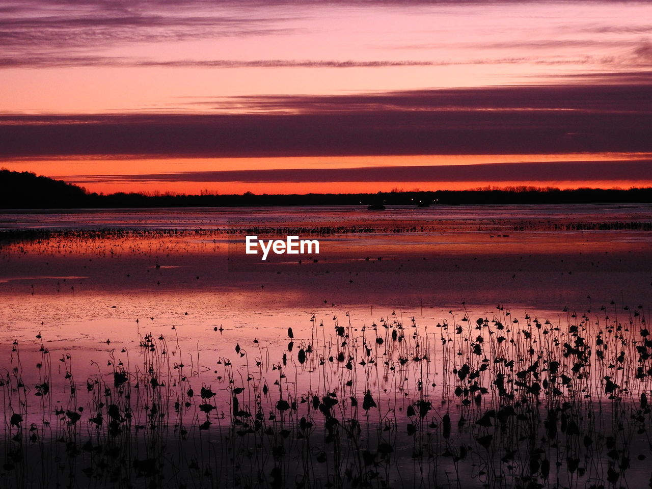 Scenic view of sea against dramatic sky during sunset