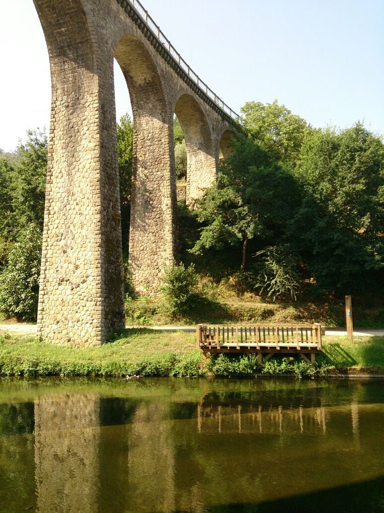 Reflection of bridge in calm lake