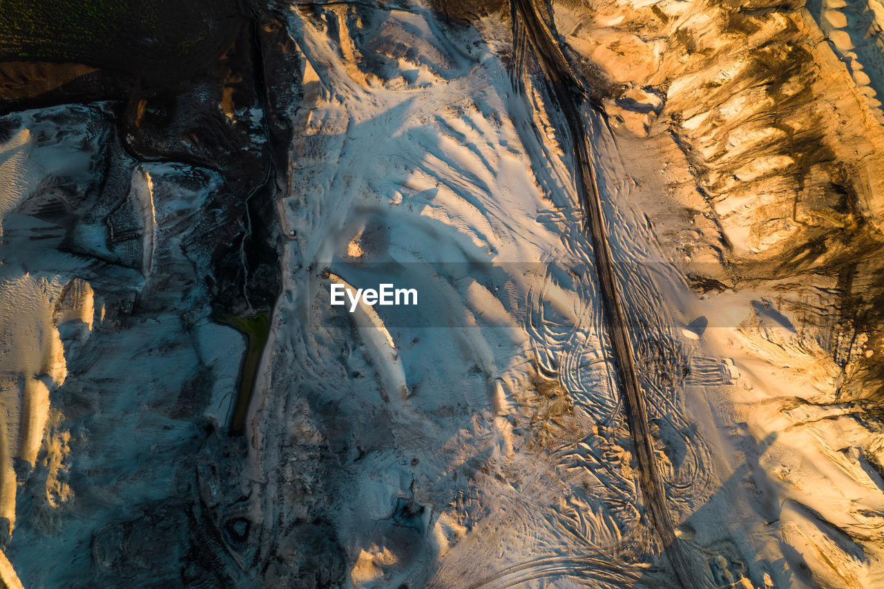 HIGH ANGLE VIEW OF SNOW CAPPED LAND