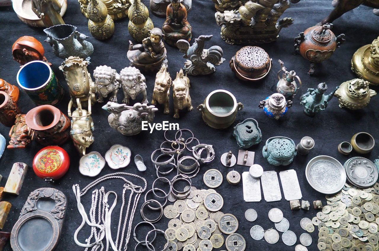 High angle view of objects on table at shop for sale