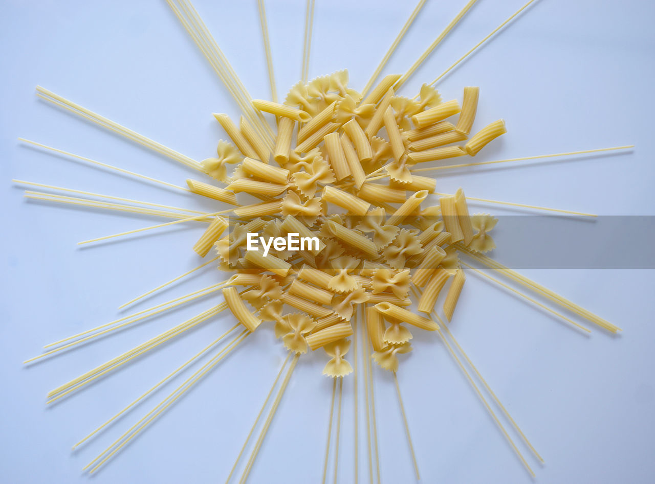 High angle view of pasta against white background