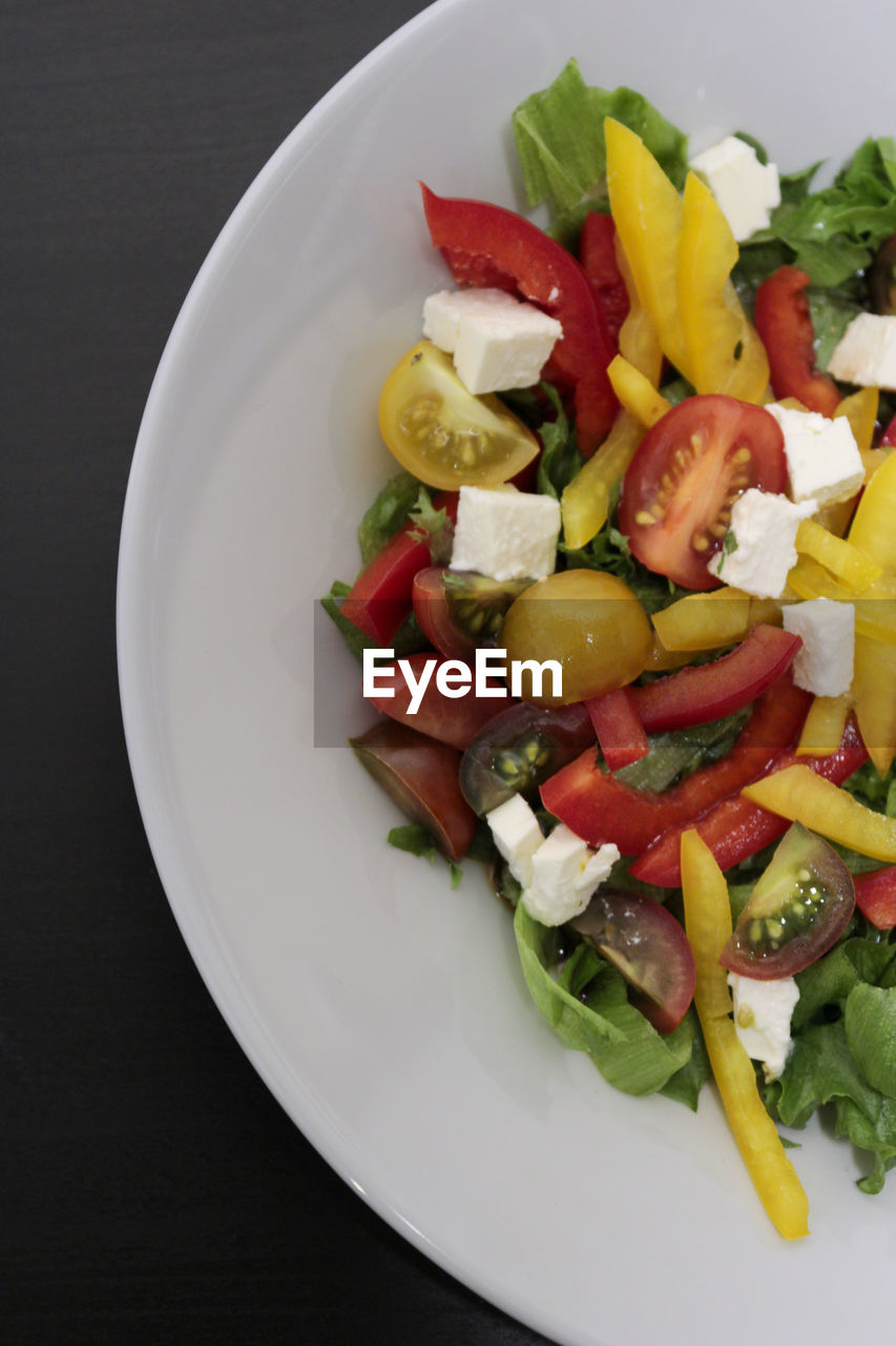 DIRECTLY ABOVE SHOT OF SALAD SERVED ON TABLE