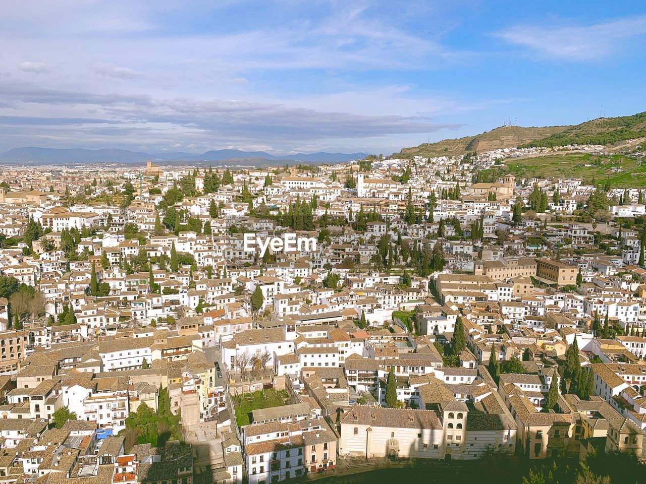 High angle shot of townscape against sky