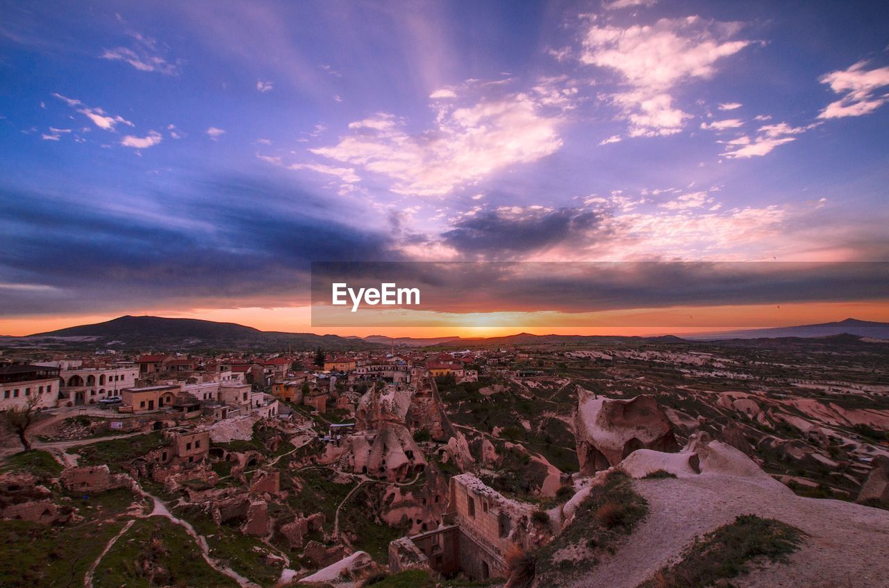 High angle view of cityscape against sky during sunrise