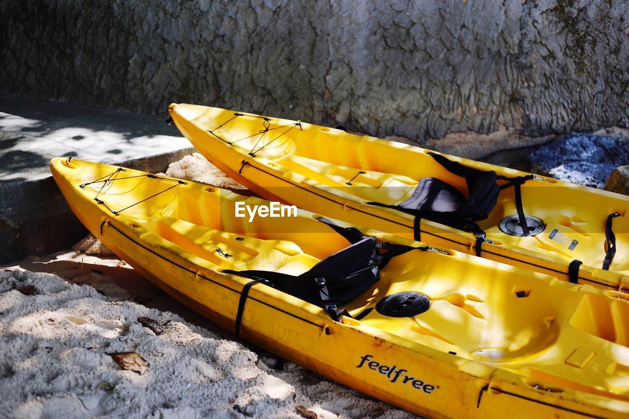 HIGH ANGLE VIEW OF YELLOW TOYS IN WATER