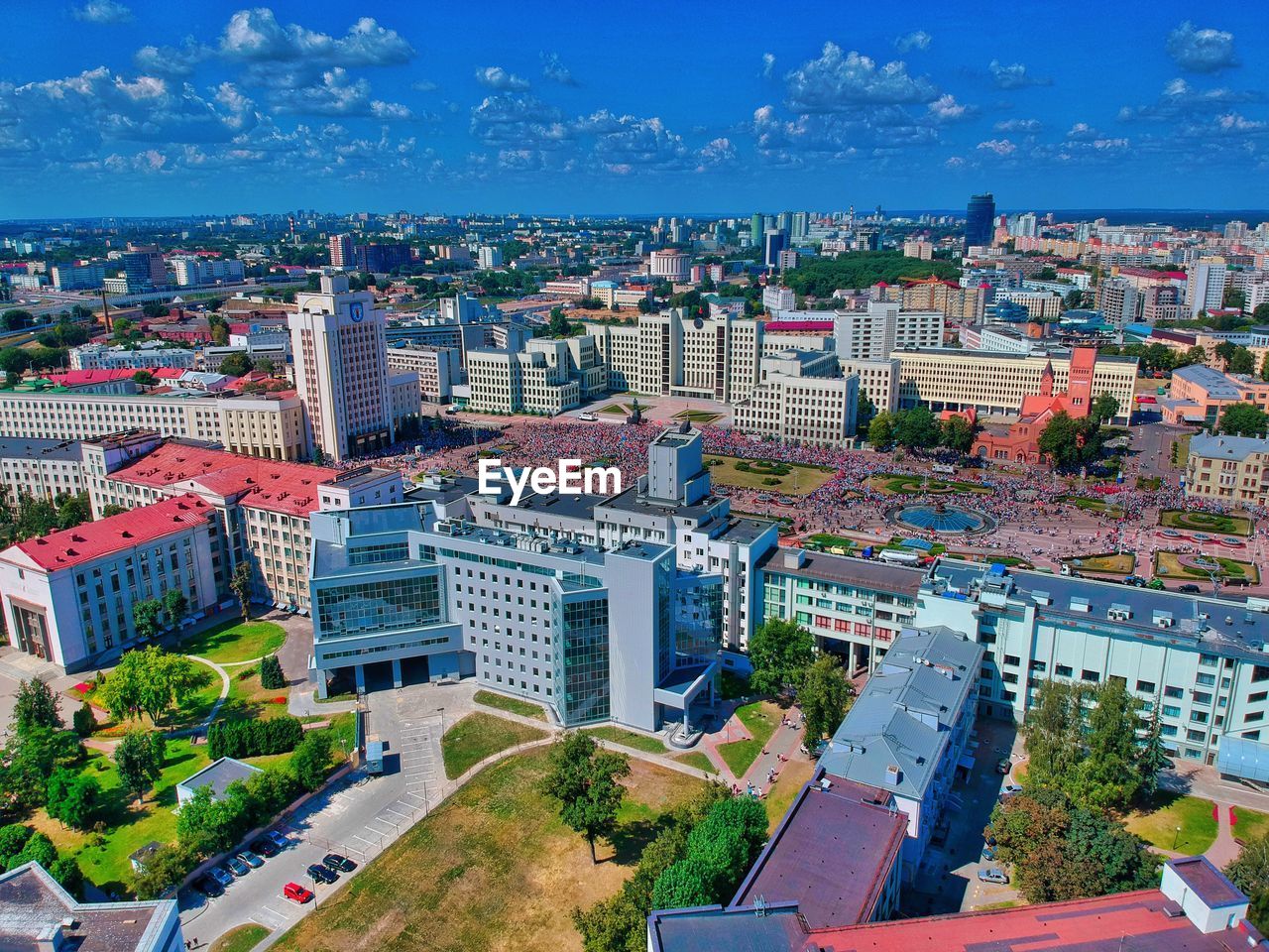 High angle view of buildings in city against sky