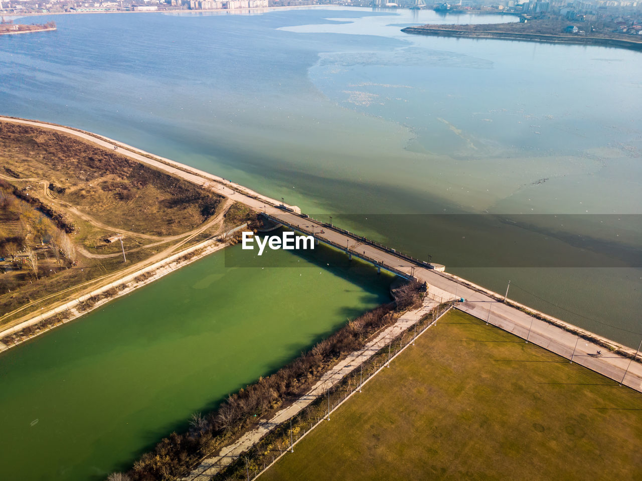 Aerial photo of the old bridge dambovita between dambovita river and morii lake , bucharest, romania