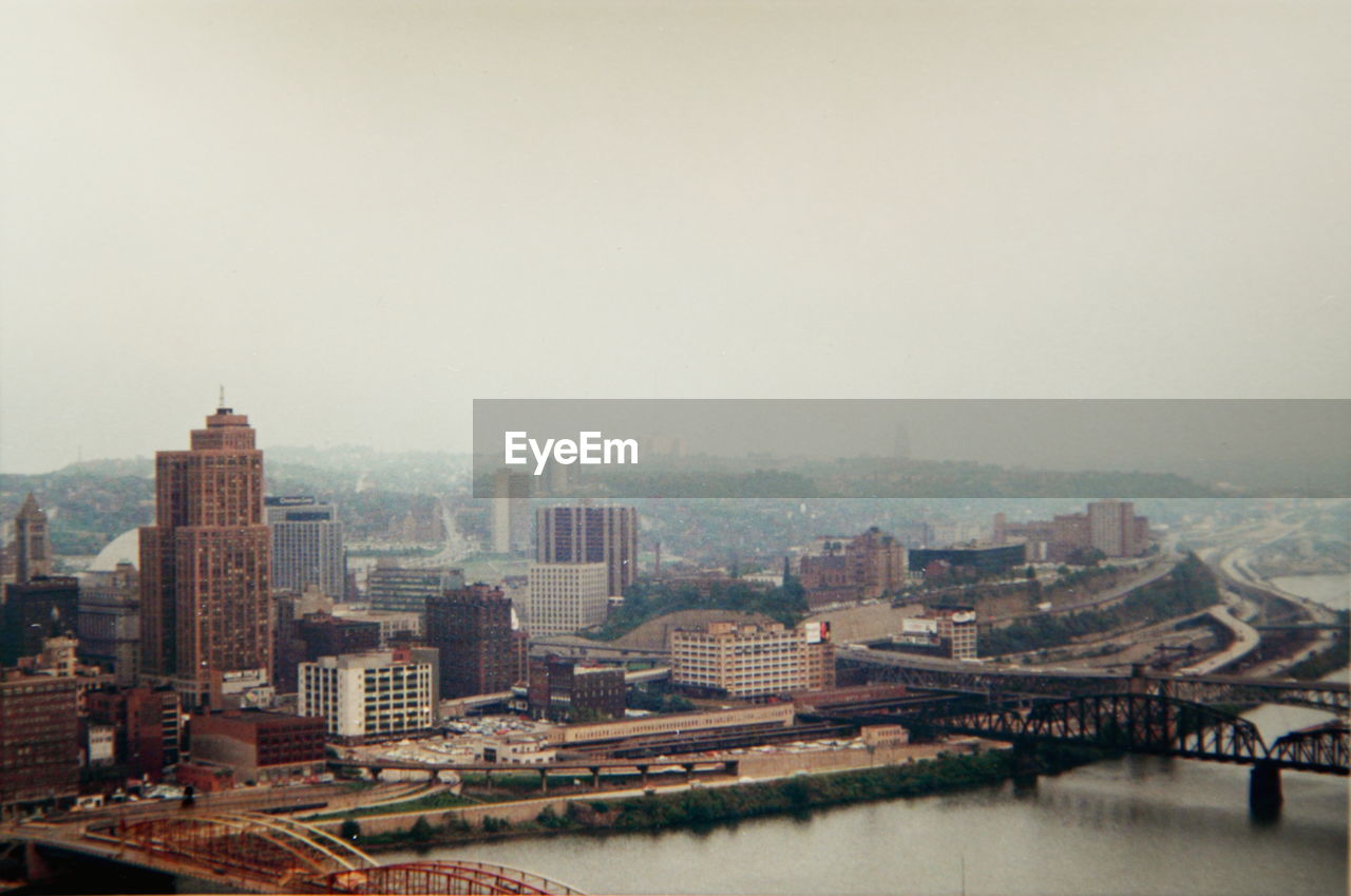 High angle view of cityscape in foggy weather