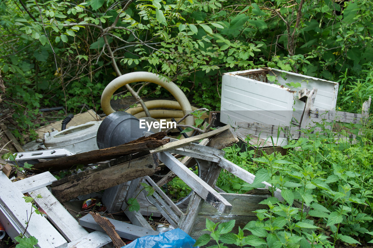 HIGH ANGLE VIEW OF ABANDONED CHAIR IN FOREST