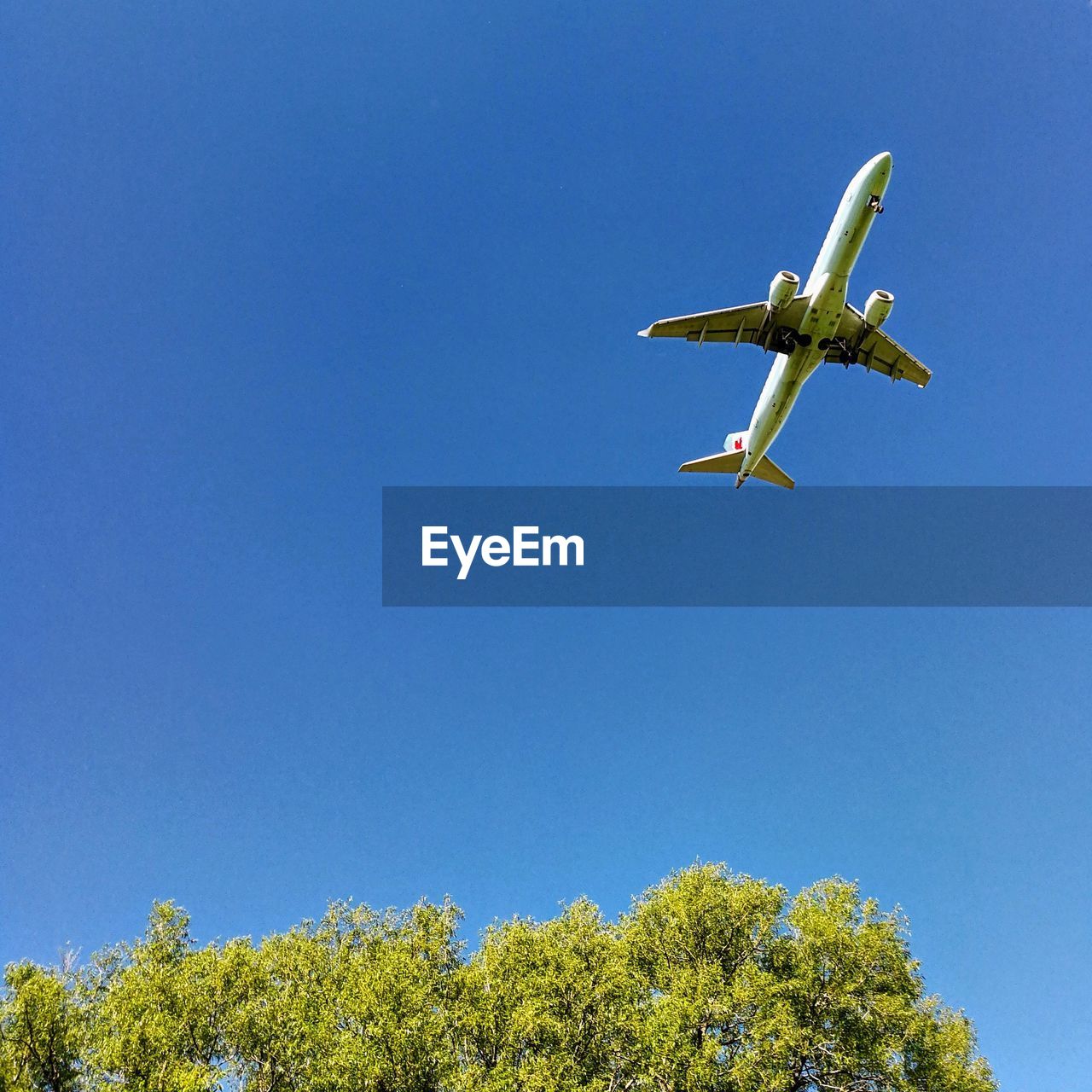 LOW ANGLE VIEW OF AIRPLANE FLYING IN CLEAR BLUE SKY