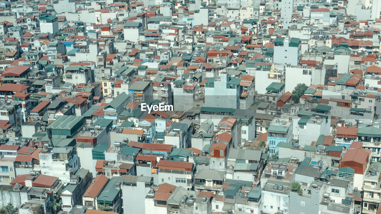 High angle view of houses in city