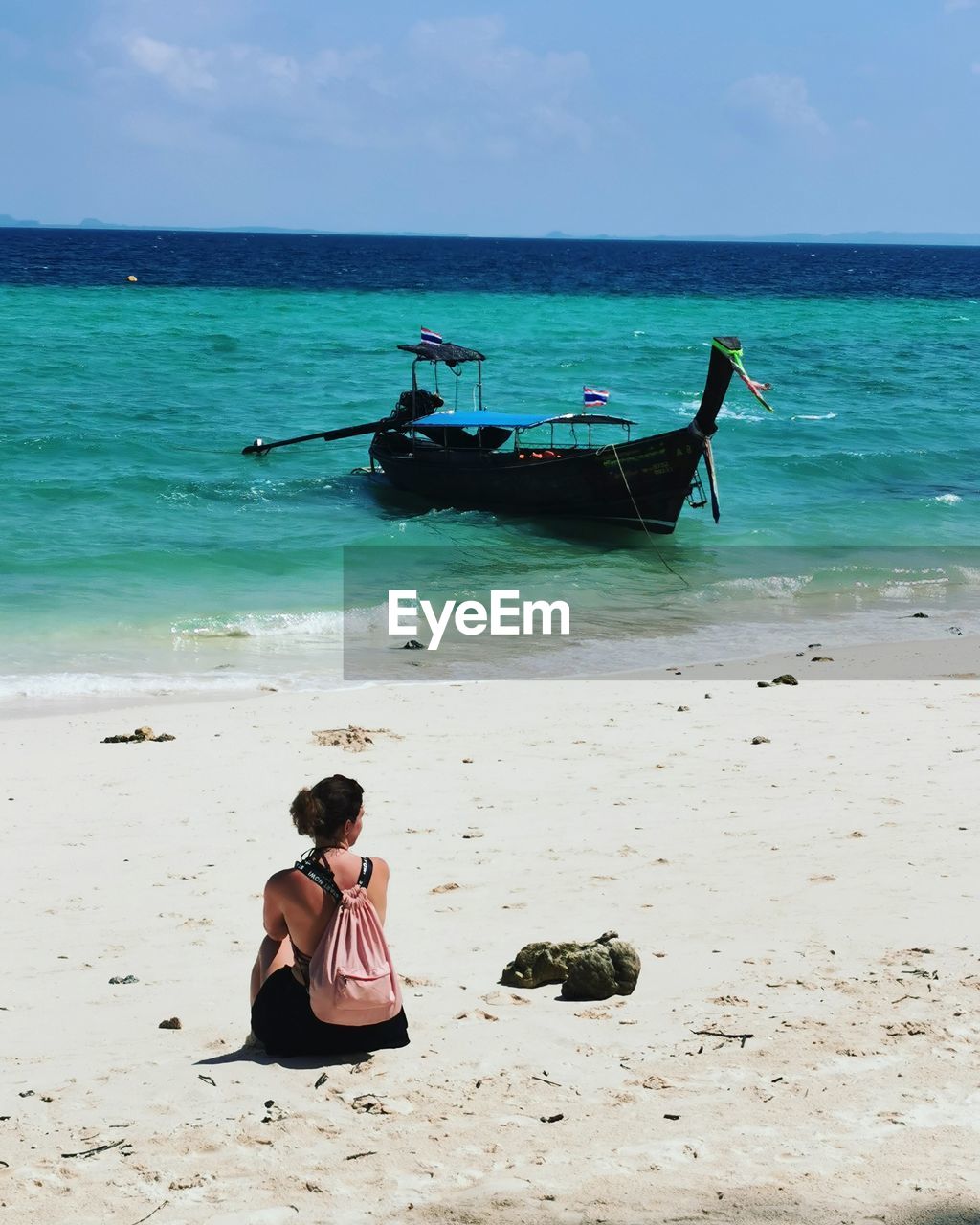 Rear view of woman sitting at beach against sky