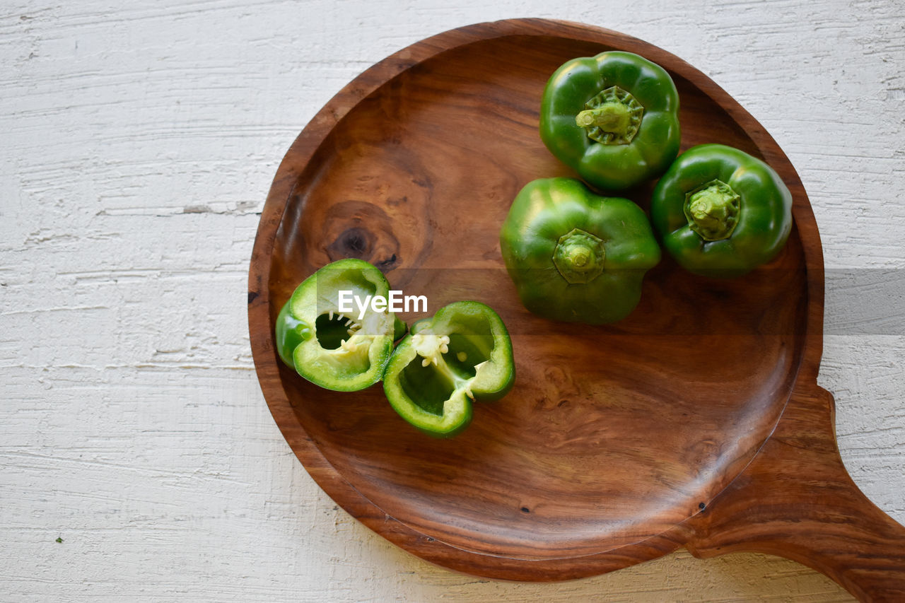 High angle view of green pepper on table