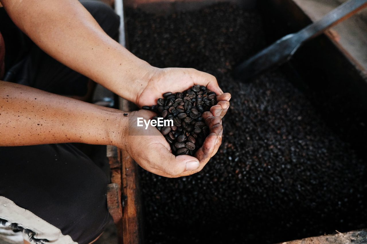 Cropped hands holding coffee beans