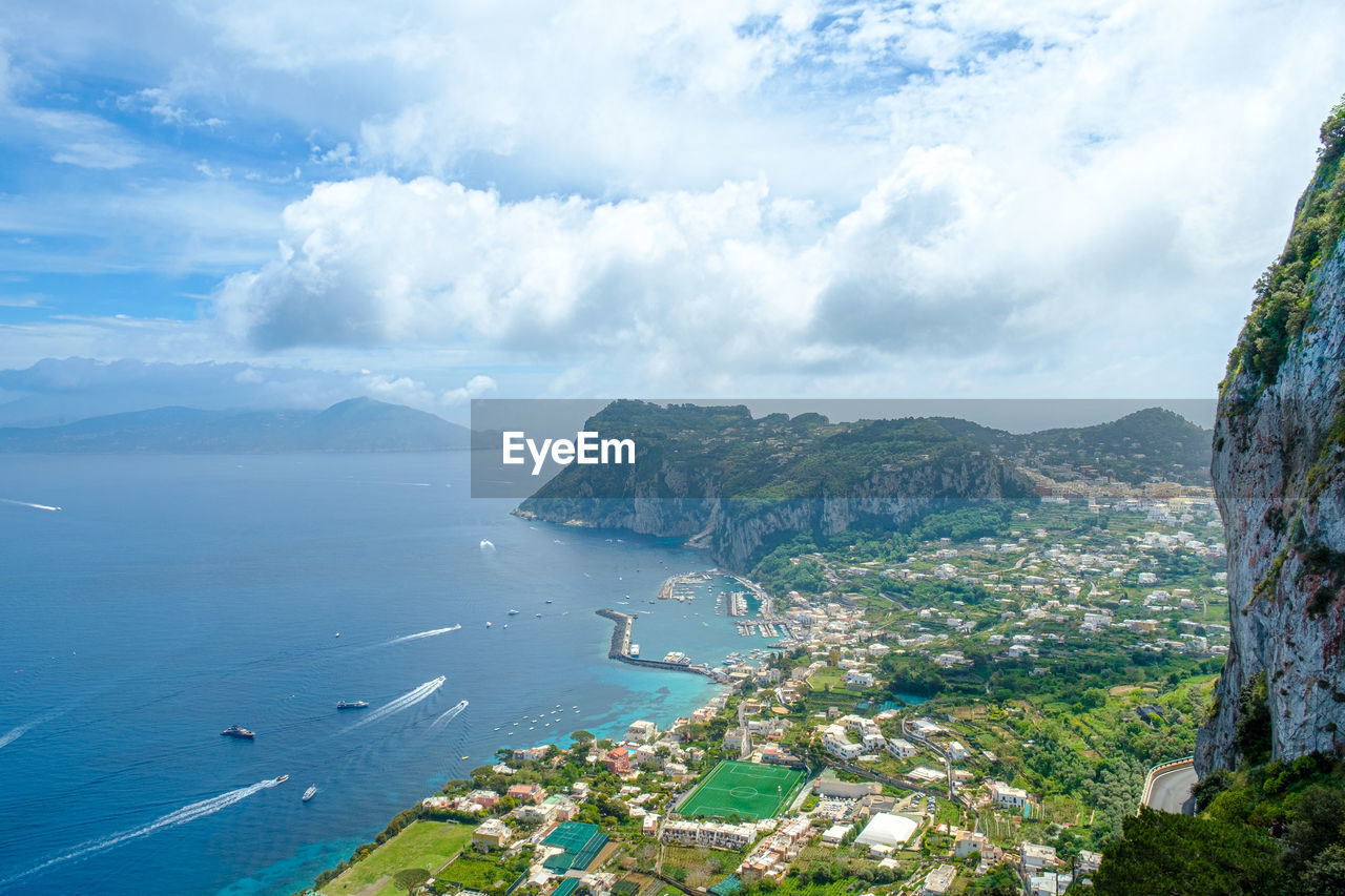 High angle view of bay against sky