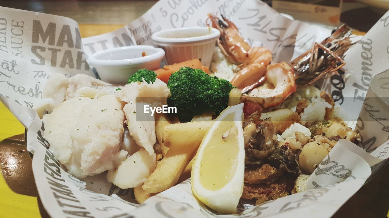 High angle view of food served on table