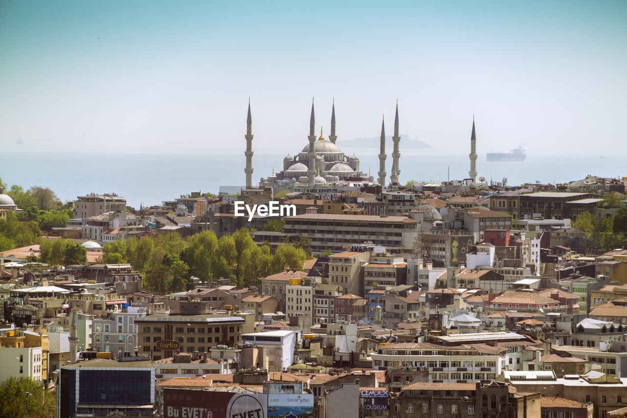 View of sultan ahmet blue mosque from galata tower in spring