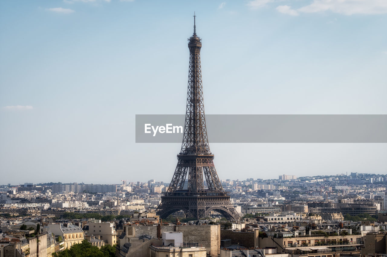 Eiffel tower viewed from top of arc de triomphe. famous landmark in paris, france.