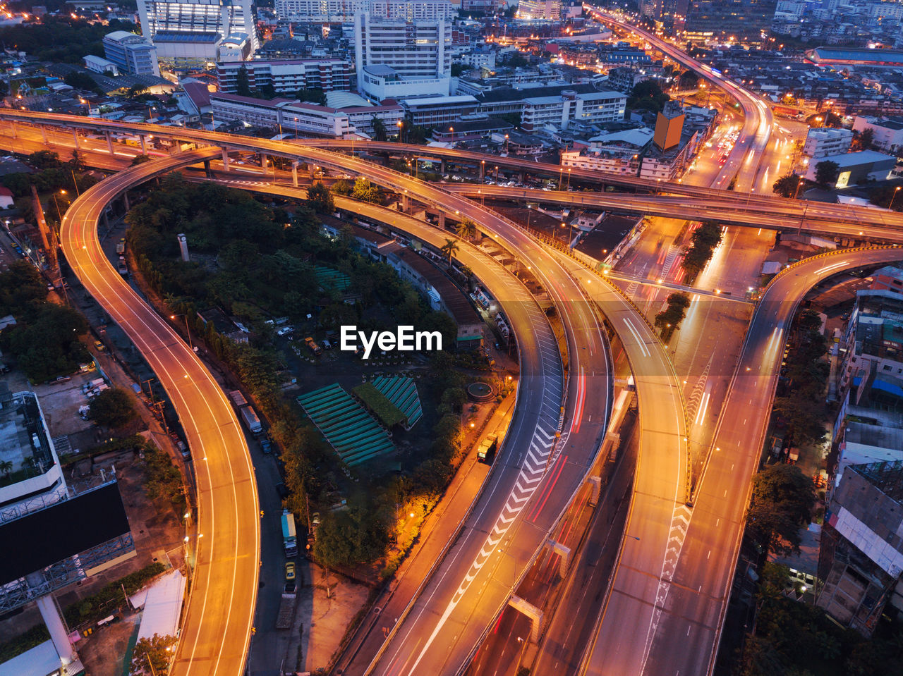 High angle view of illuminated cityscape at night