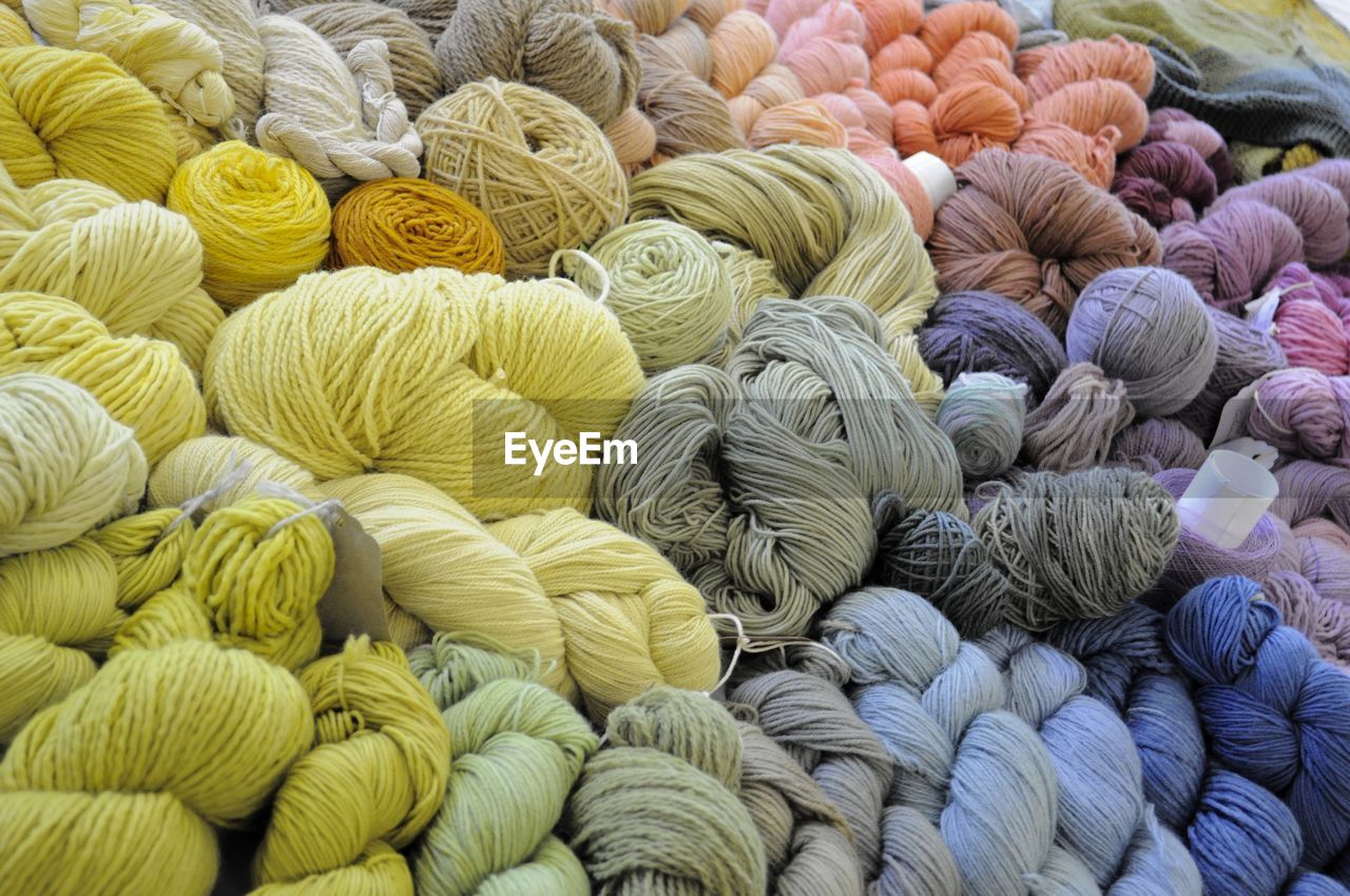 Full frame shot of colorful wool for sale in market