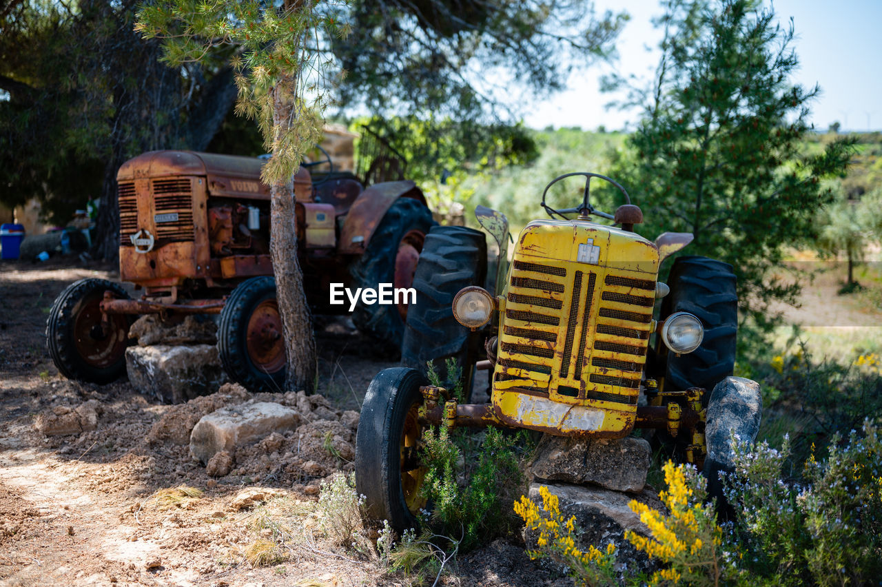View of various old tractors in the farms of lleida