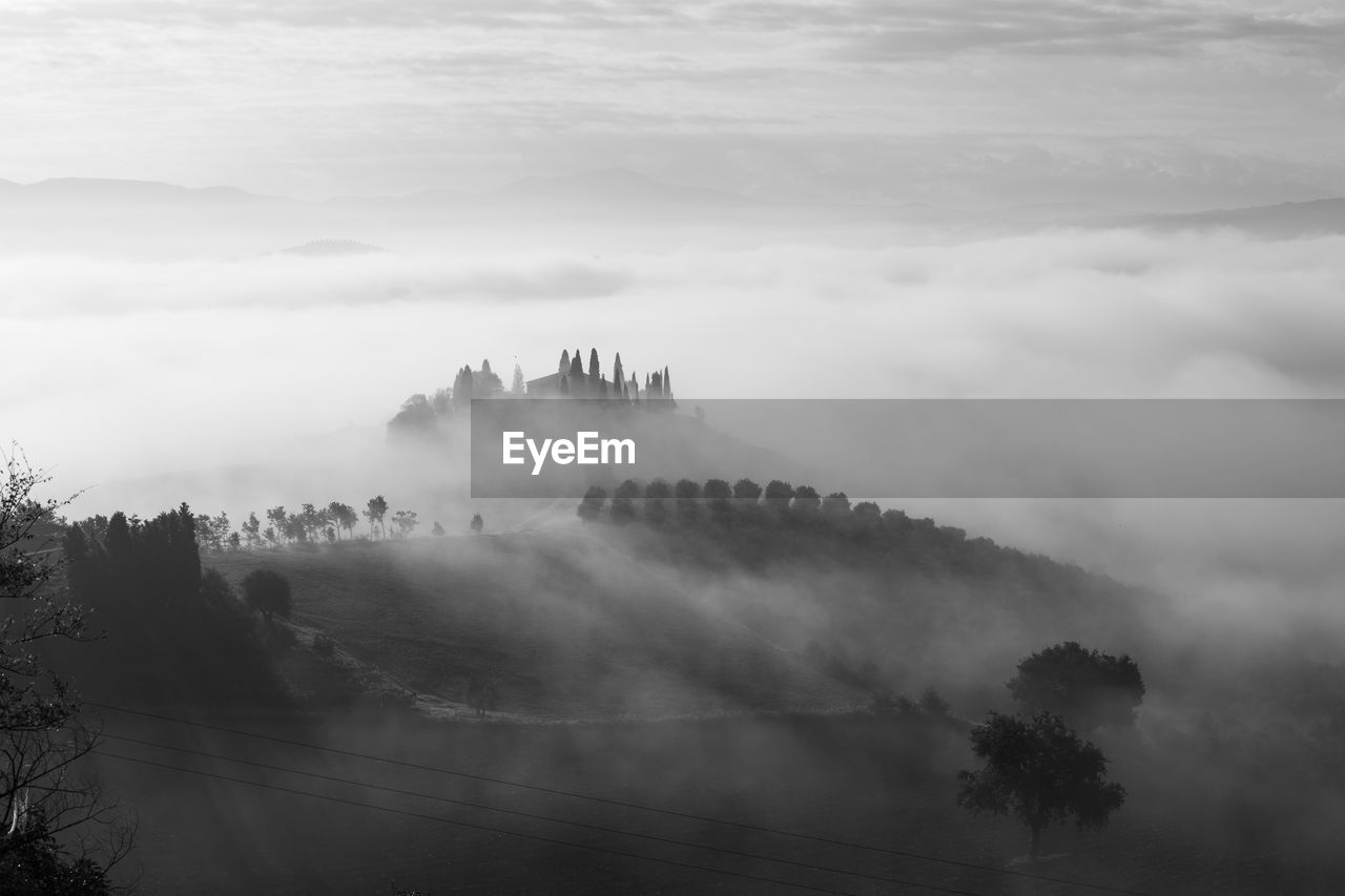View of trees on mountain against cloudy sky