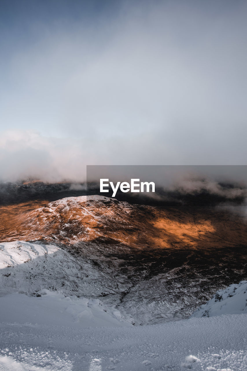 AERIAL VIEW OF SNOW COVERED LANDSCAPE