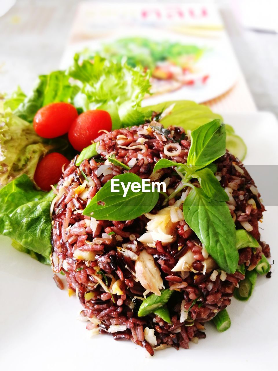 CLOSE-UP OF VEGETABLES AND SALAD IN PLATE