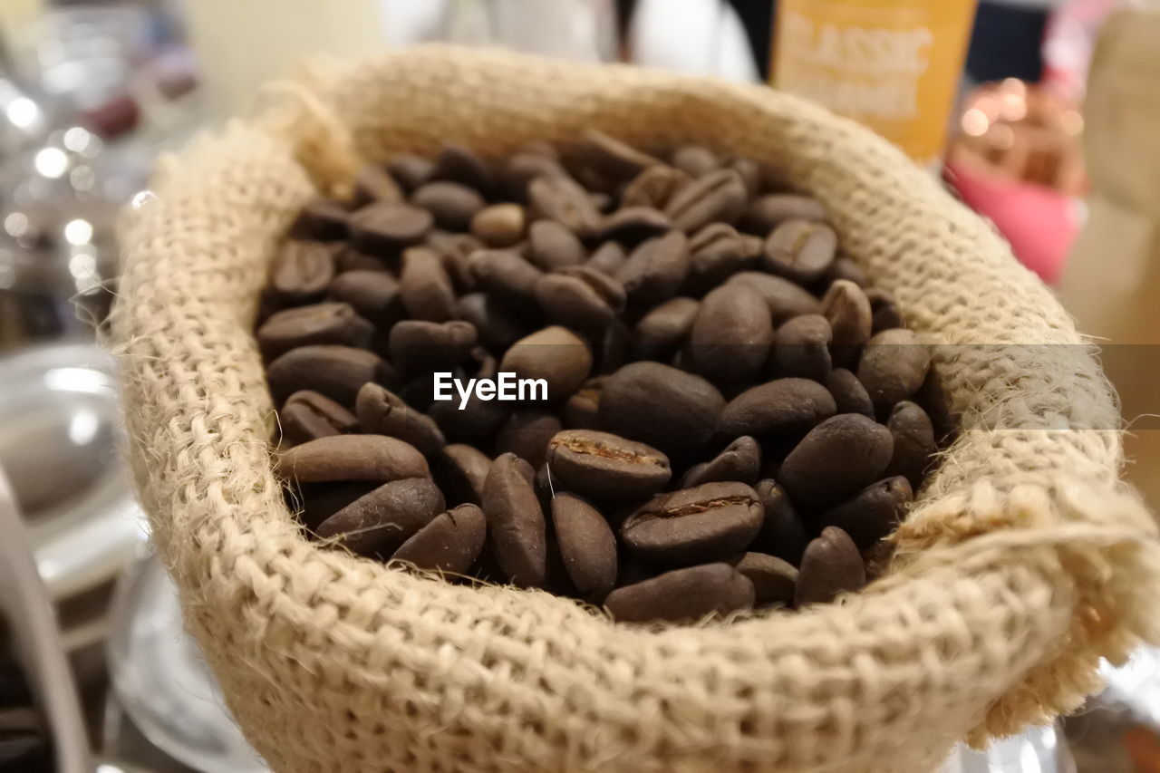 High angle view of coffee beans in basket